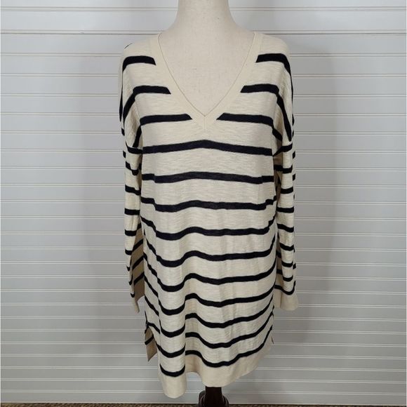 VINCE Navy & Ivory Striped Lightweight Cotton Long Sleeve Tunic Top Large - Picture 1 of 9